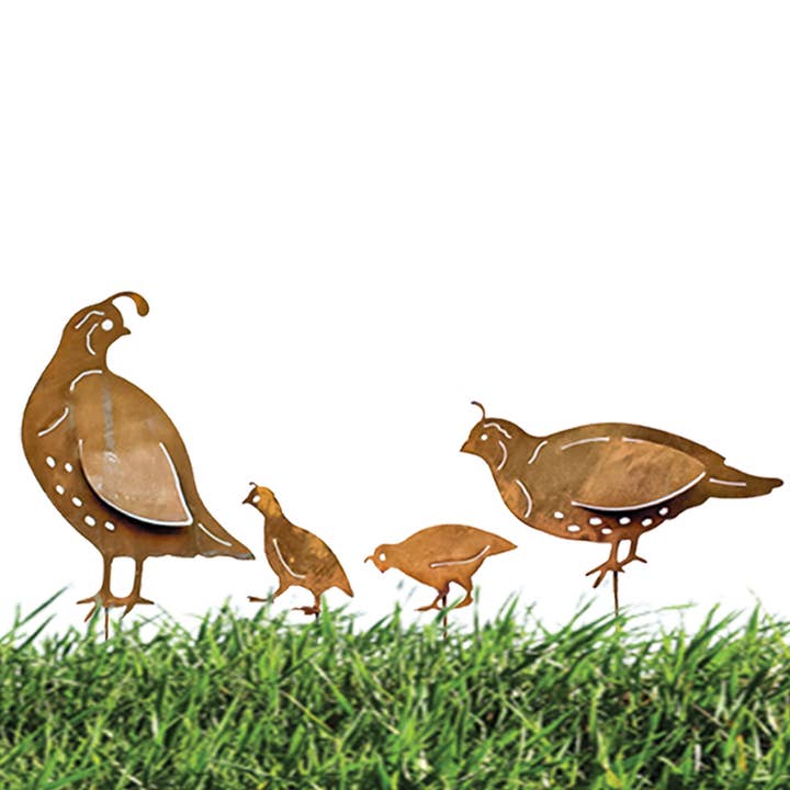 California Home & Garden - Wholesale Outdoor Ornament/Decor - Rst/Nat Quail Family on Pick 4 Garden Art