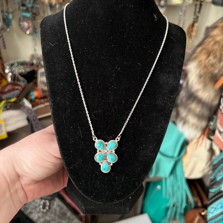 5 Stone Hada Collection Genuine Turquoise Pendant Necklace in Sterling Silver - 18 inch for wholesale by Cedar Hill Country Market