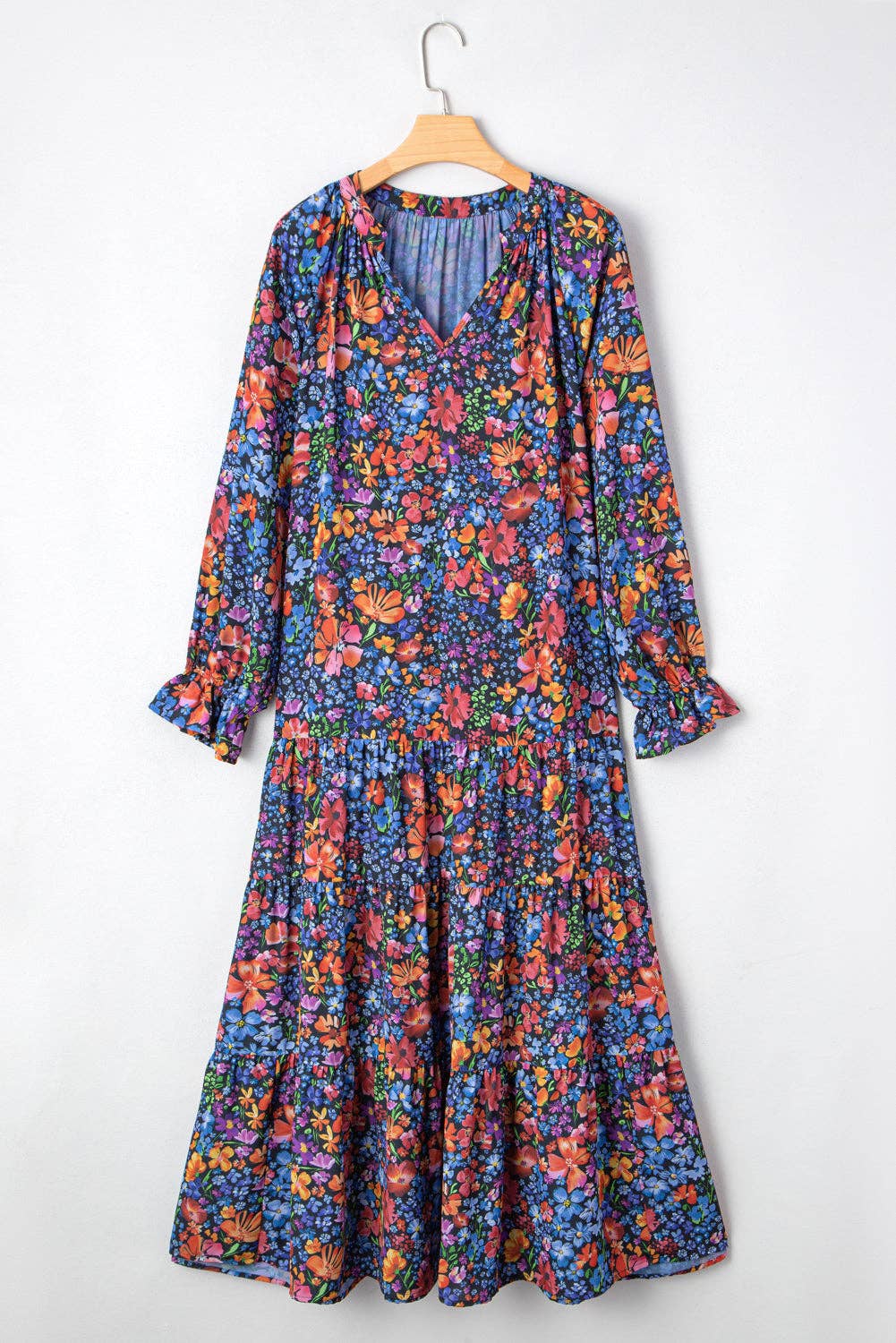 Blue Floral V-Neck Long Sleeve Maxi Dress for wholesale on Faire5