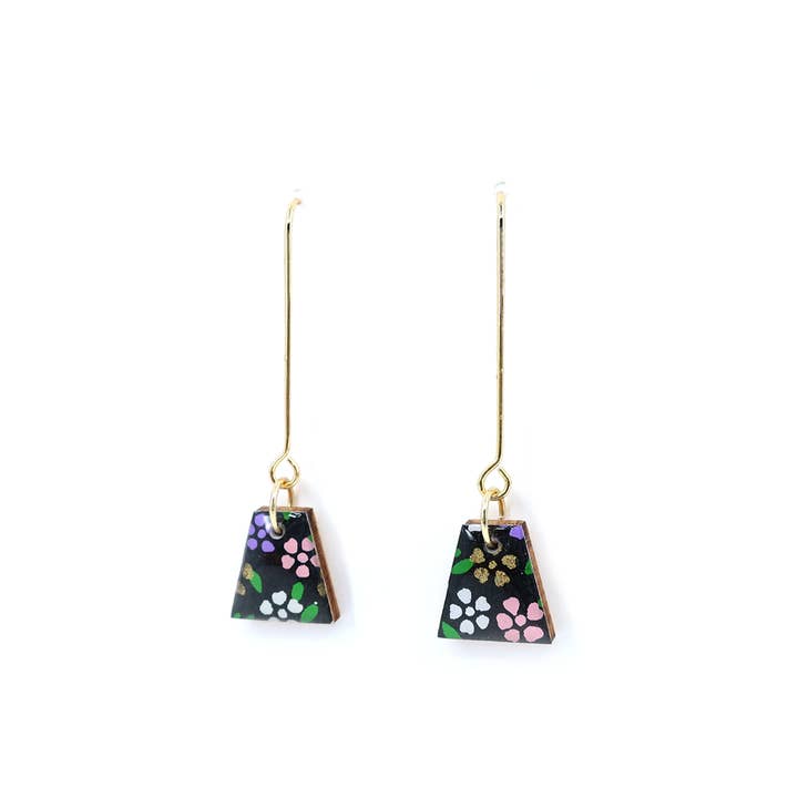 Black floral Washi long earrings with 18K gold plated hook for wholesale by autumn + tree