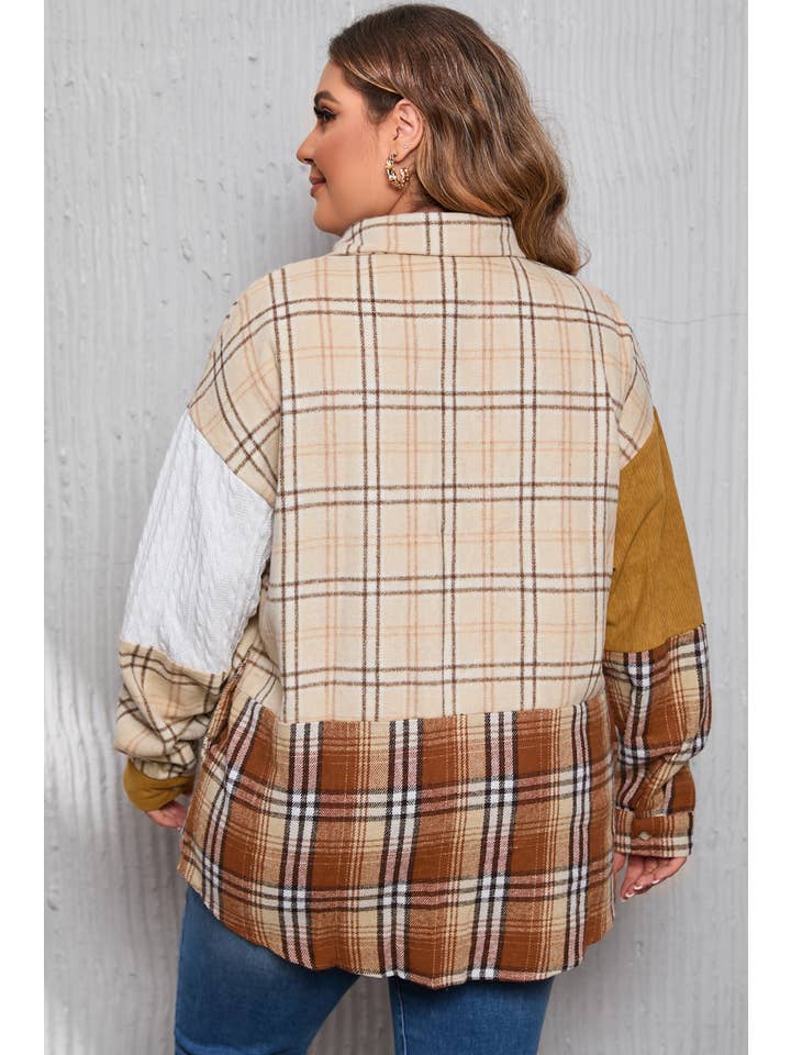 Orange Plaid Color Block Patchwork Corduroy Jacket(S-2XL) for wholesale on Faire