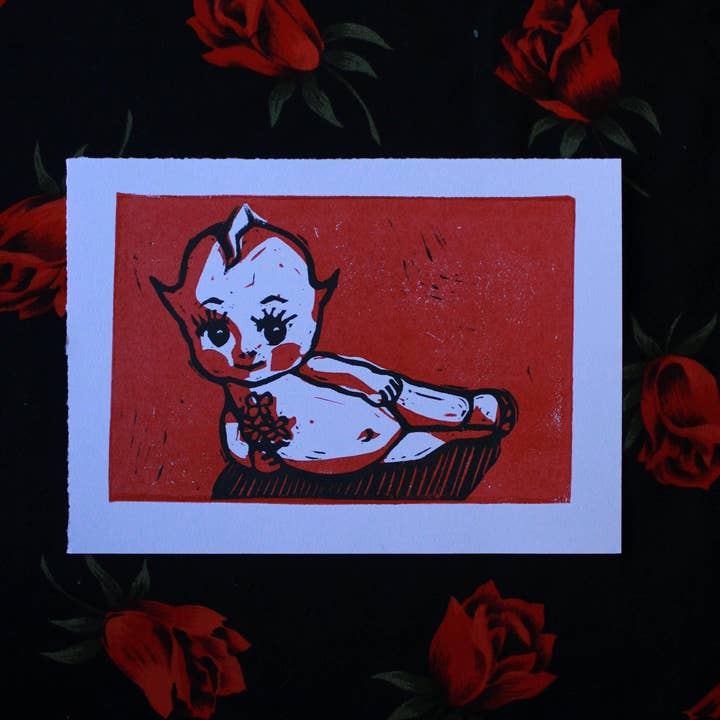 Lying Dog Press - Wholesale Art Print - 5x7" Romantic Kewpie Doll Cute Linocut Block Original Art1