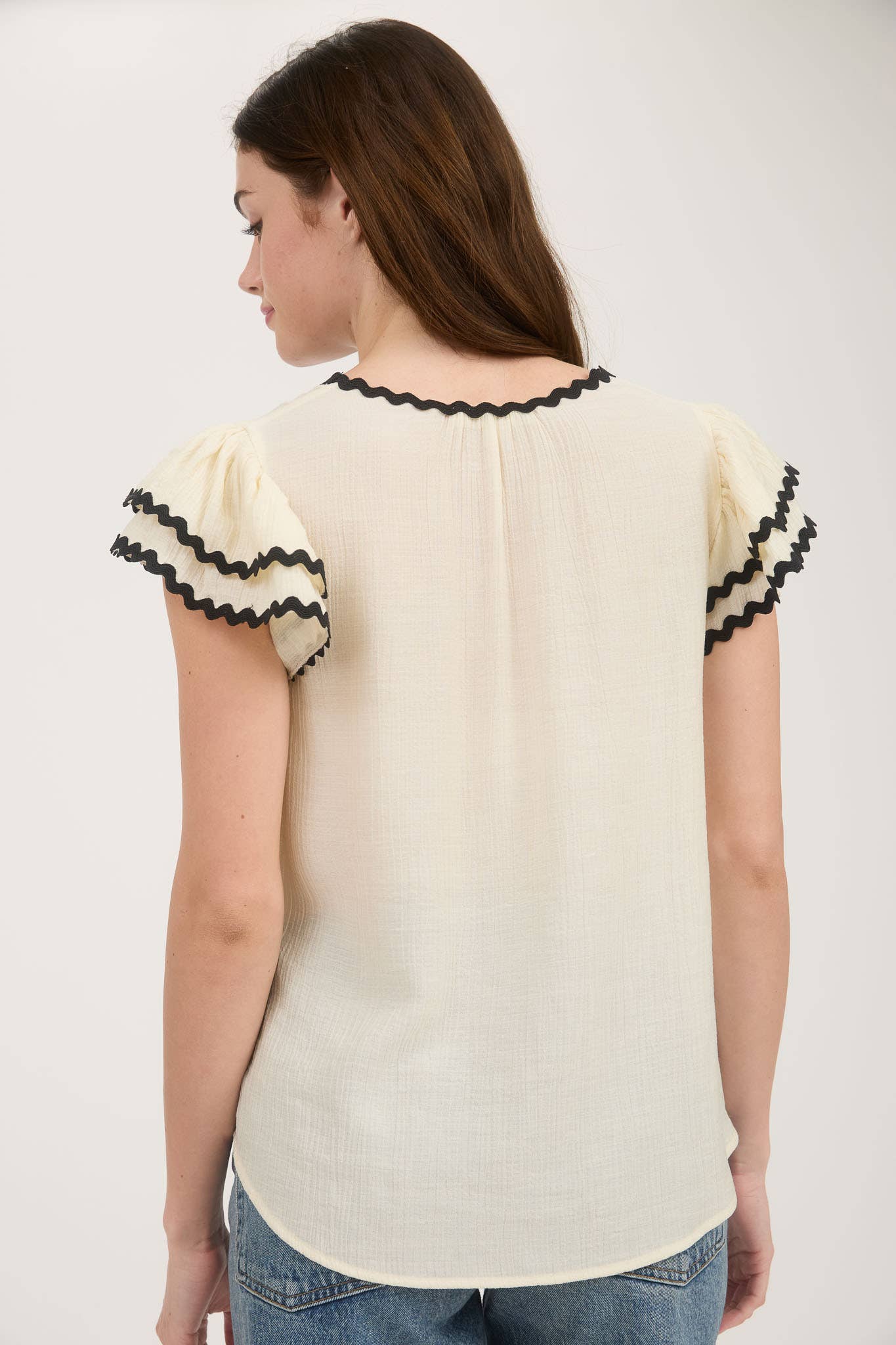 MINE - Wholesale Blouse - Women's - V NECK WAVY TRIM RUFFLE SLEEVE TOP1