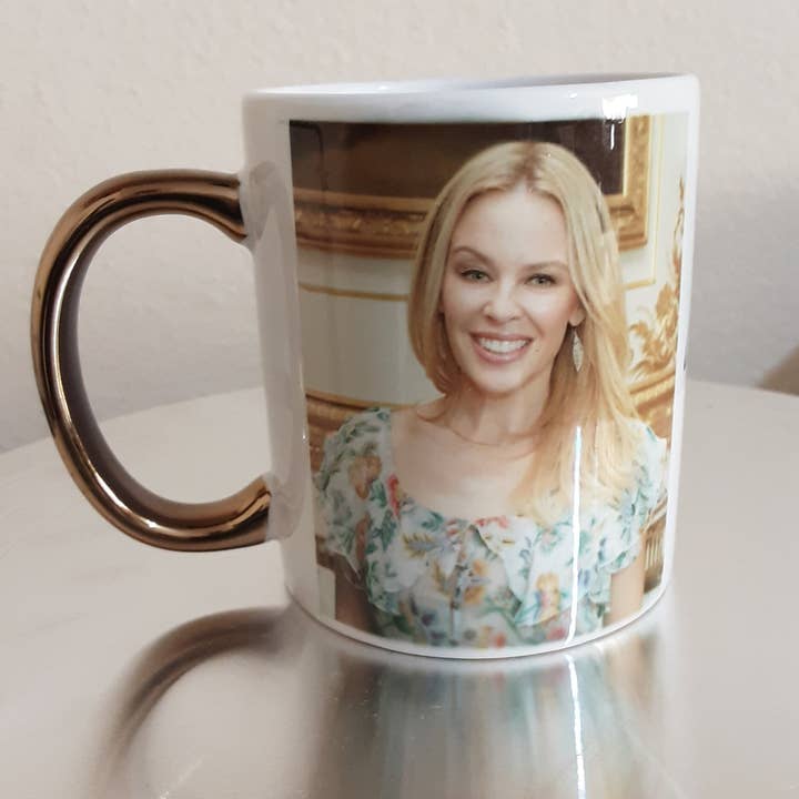 Kylie Minogue Signed Gold Handle Mug for wholesale by Everyone's a Mug