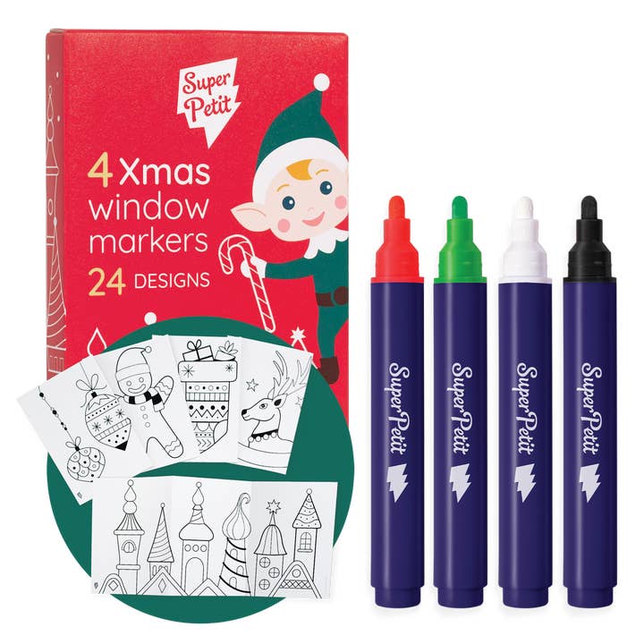 BOX OF 4 ERASABLE CHRISTMAS MARKERS MIRRORED GLASS + 24 PATTERNS for wholesale by SuperPetit