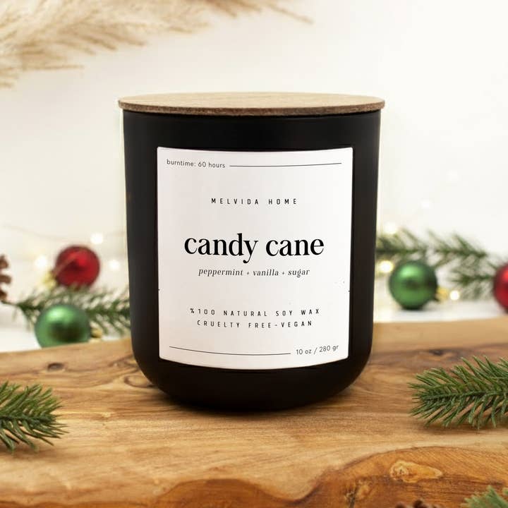 Candy Cane - 10 oz Svart Glas Sojaljus - Julklapp för wholesale av Melvida Home