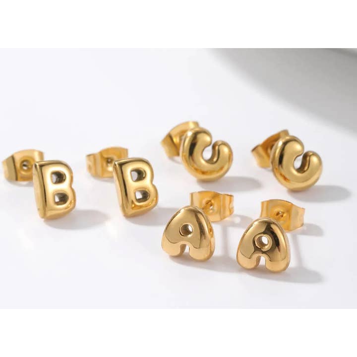 Â Bubble Letter Mini Initial Stud Earring Steel 18K Gold for wholesale on Faire