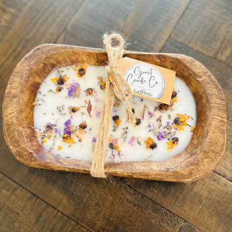 Botanische Teigschale aus Holz, Sojakerze, Lavendel und Leinen für den Großhandel von Grant Candle Co.