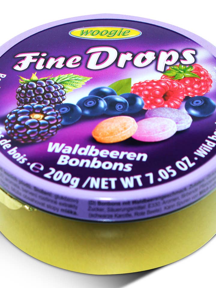 Woogie Forest Berries Drops Sanded Candies 200g Tin for wholesale by Dulcefina Chocolate and Sweets