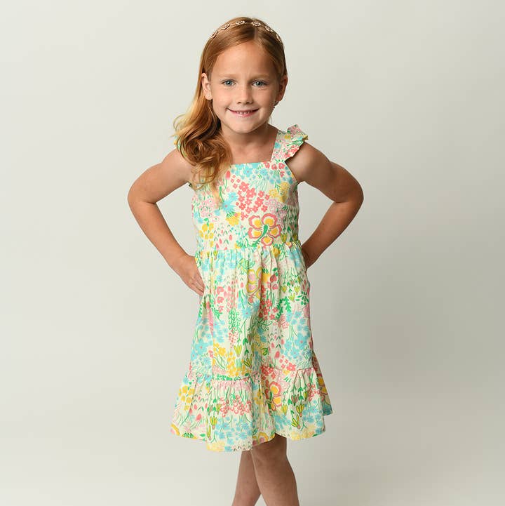 Minna - Wholesale Dress - Kids -  Flutter Sleeve Sun Dress - Magical Sunny Meadow Florals2