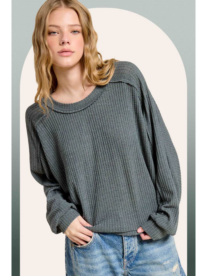 La Miel - Wholesale Knit Top - Women's - HAT7565-Brushed Waffle Fabric Loose Fit Long Sleeve Top8