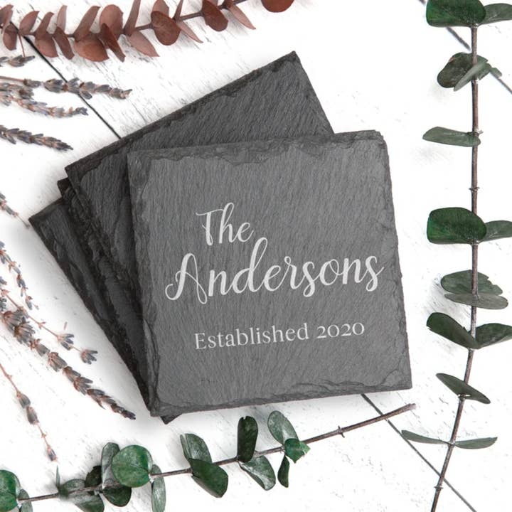 Martelli – Base de copos por atacado – Conjunto de 4 Porta-copos de Ardósia Gravados - Presente Personalizado para Casamento ou Casa Nova4