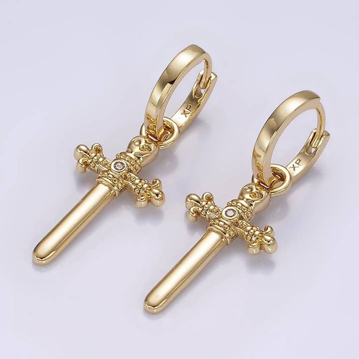 14K Gold Filled Artisan Fleury Cross Sword CZ Drop Huggie Earrings | AE934 for wholesale by Aim Eternal
