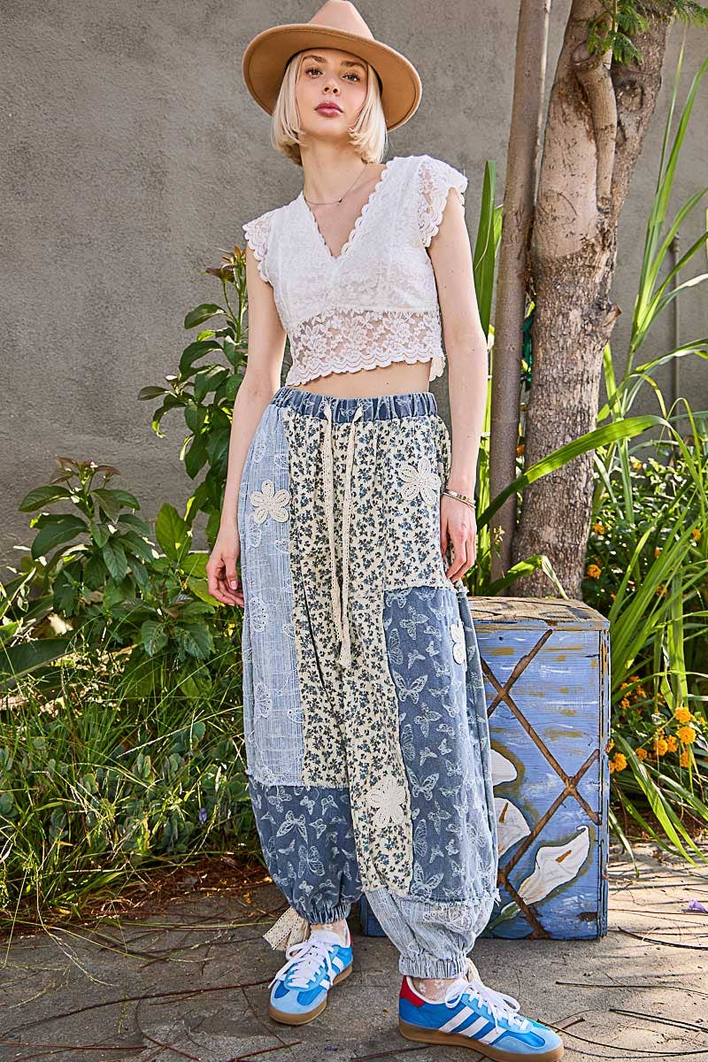 Pol Clothing - Wholesale Pants - Women's - Crochet patch detail contrast patchwork printed woven pants7