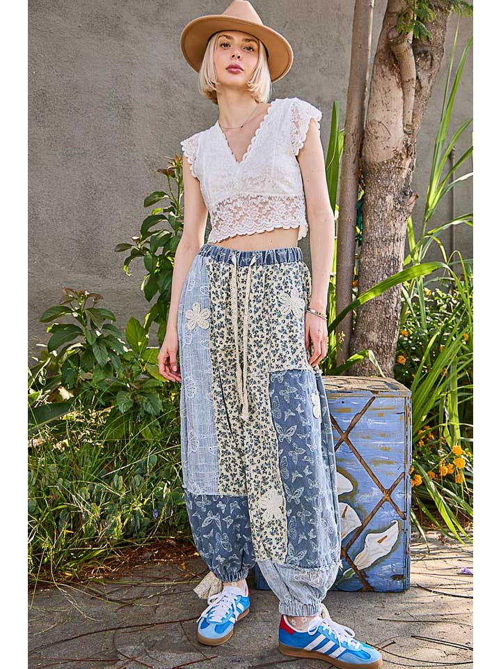 Pol Clothing - Wholesale Pants - Women's - Crochet patch detail contrast patchwork printed woven pants7