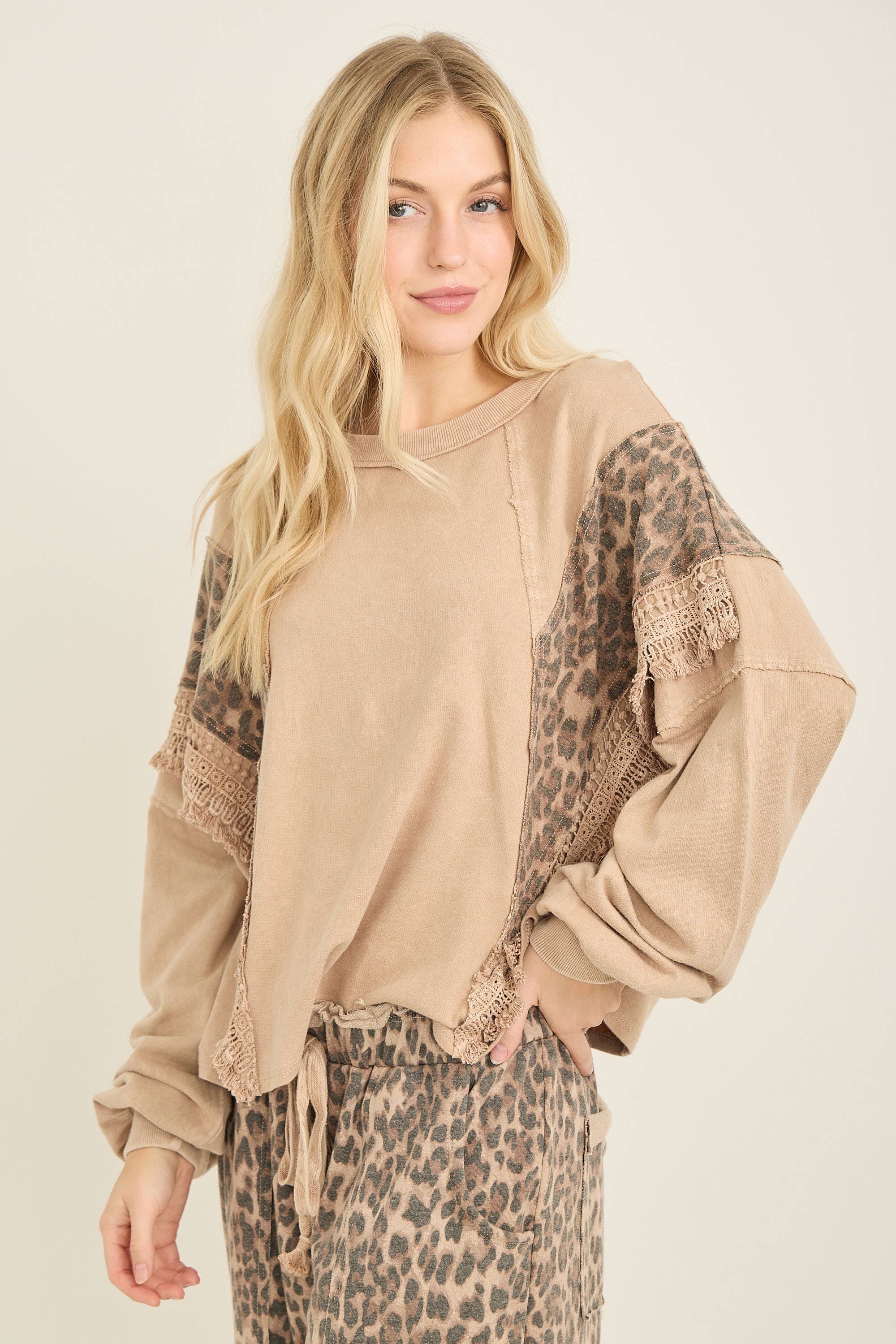 J.Her - Wholesale Blouse - Women's - Mineral Washed Cheetah Leopard Fringe tassel top HT672210