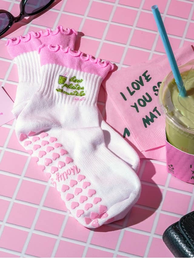 Love Pilates so Matcha ruffle pink grip sock for wholesale by MollyGraceGripSocks