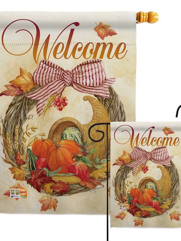 Cornucopia Wreath Falltime Harvest Autumn Decor Flag for wholesale by Two Group Flag Co