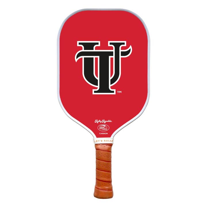 Pagaia da pickleball con logo UT ad incastro rosso nero dell'Università di Tampa (B2B) per la vendita all'ingrosso da parte di Rally Republic