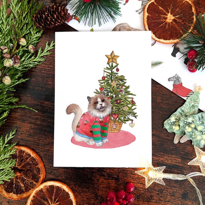 Hand Illustrated Siamese Cat Christmas Card for wholesale by Beth Goodwin Designs