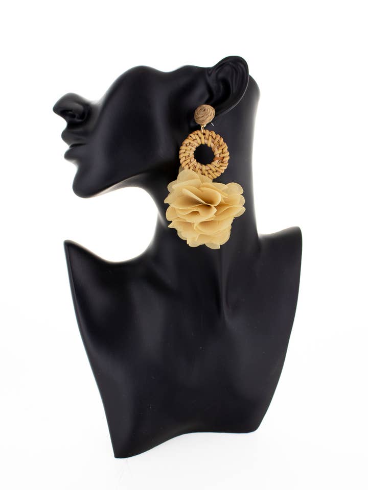 Blossom Earrings - Raffia, Straw, Wood, Handmade, Statement for wholesale by Rush Style