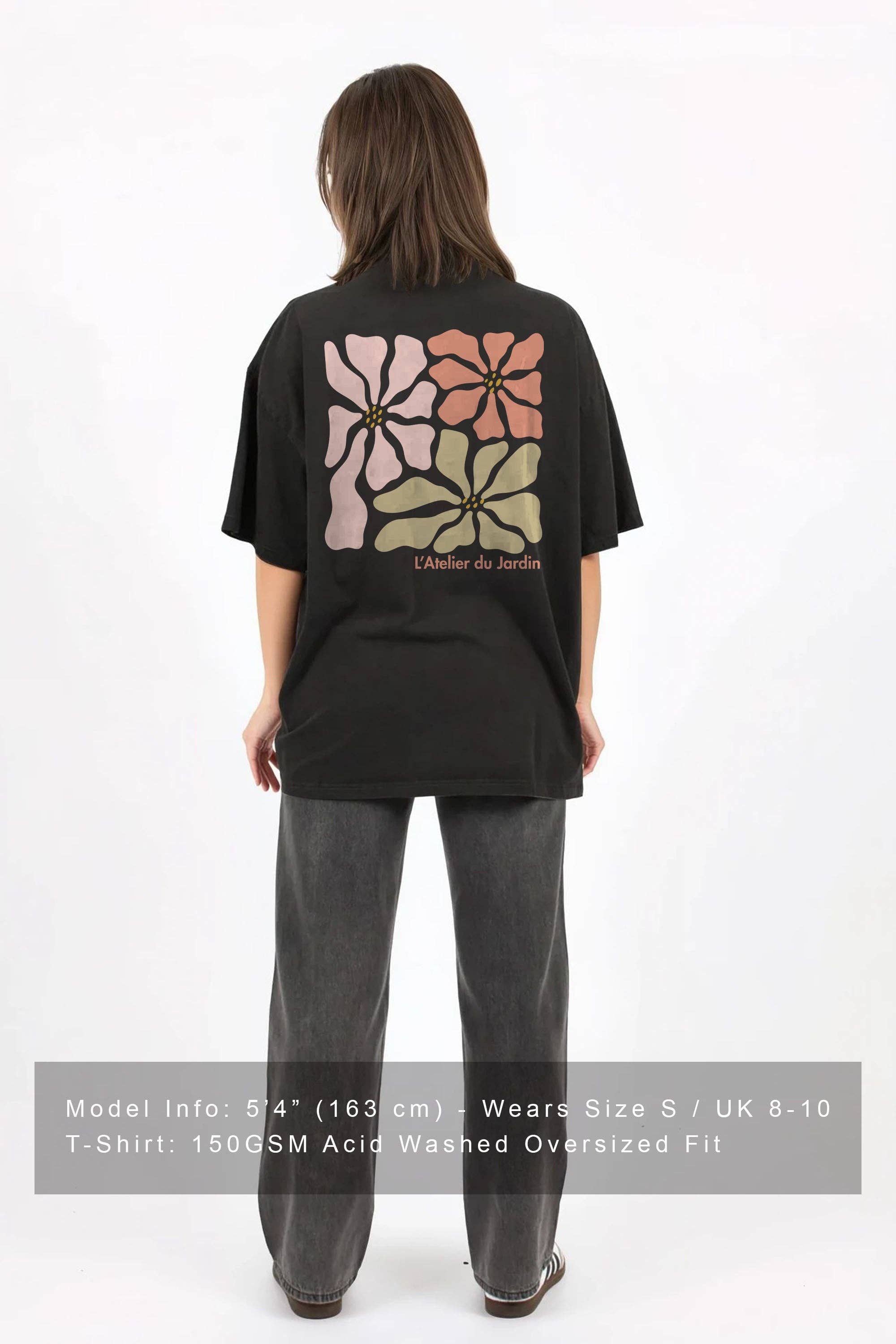 Washed Black 150GSM Oversized T-Shirt in L’Atelier du Jardin Floral Print for wholesale on Faire4