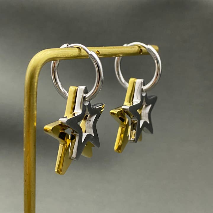 Mio Queena - Vente Petits anneaux - Boucles d'oreilles Huggie étoile creuse en or 18K bicolore SS - FGS/MS1