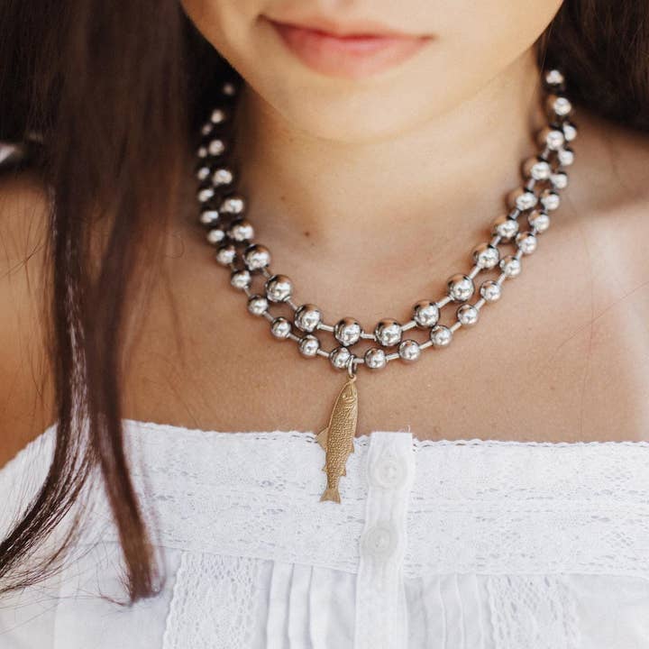 Chunky Brass Fish Charm Necklace Set for wholesale by Sosobella Designs