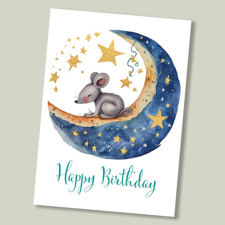 Carte de joyeux anniversaire, souris endormie pour la vente par Footle Publishing
