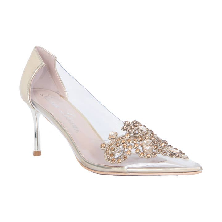 JAMIE Tacchi | Mules in Lucite Metallico con Strass per la vendita all'ingrosso da parte di Lauren Lorraine