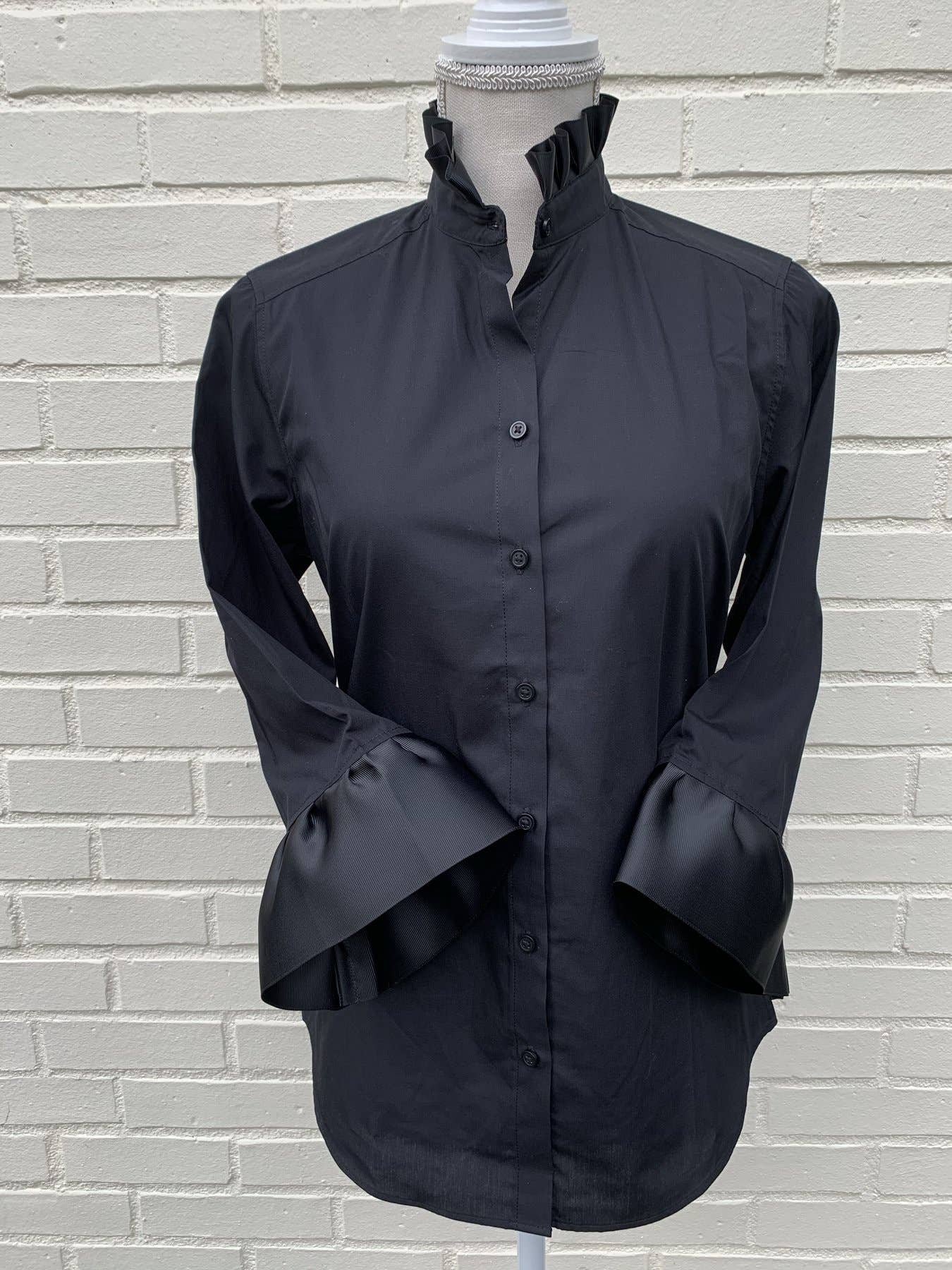 Pearly Vine - Wholesale Button Down Shirt - Women's - Barbara Ann Poplin Ribbon Trim 3/4 Sleeve - Black Black0