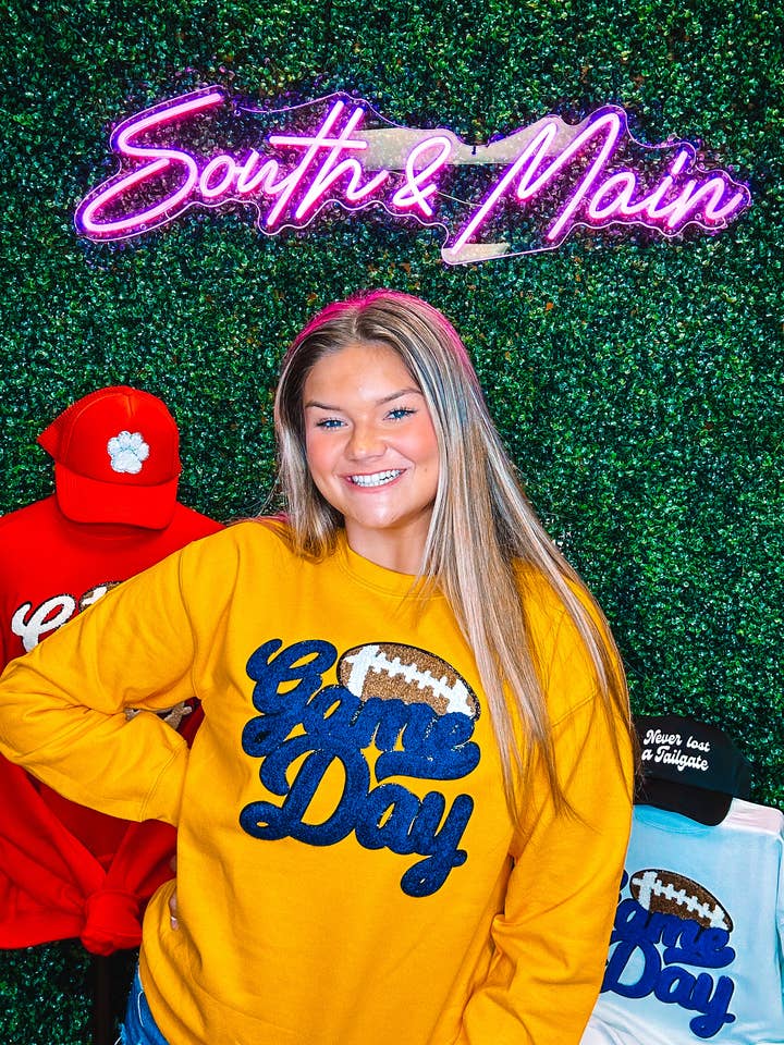 Sweatshirt w/ Navy Game Day Football Chenille for wholesale by South & Main Boutique