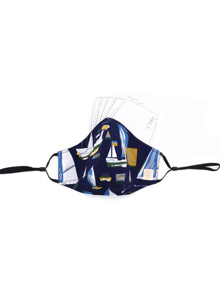 Boat Print Navy Cotton Mask (nose wire embedded) for wholesale by Ten on Ten