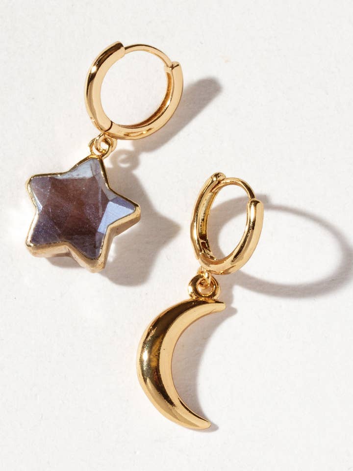 Brincos de Argola Lunar Contrast Mismatched com Pedra Preciosa - Pedra da Lua Café por atacado de Luna Norte