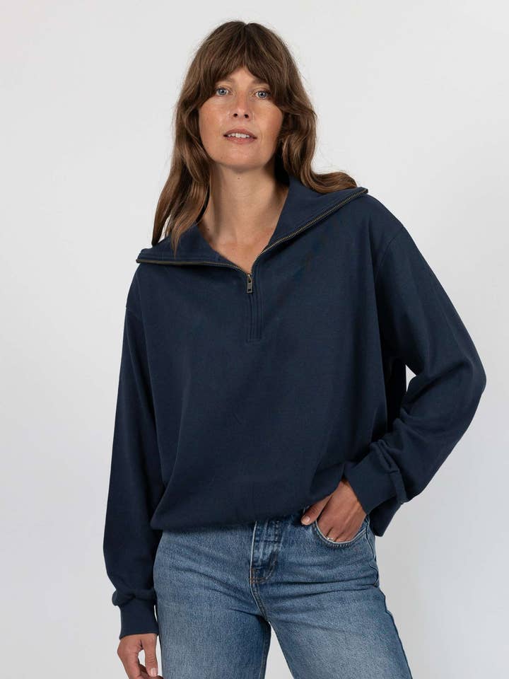 Jen Organic Cotton Navy Half Zip Sweatshirt for wholesale by Ivy T