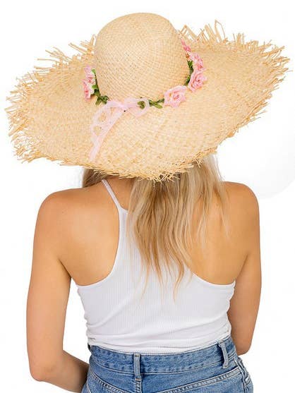 Boho Pink Rose Faux Floral Floppy Raffia Straw Sun Hat for wholesale by Cap Zone