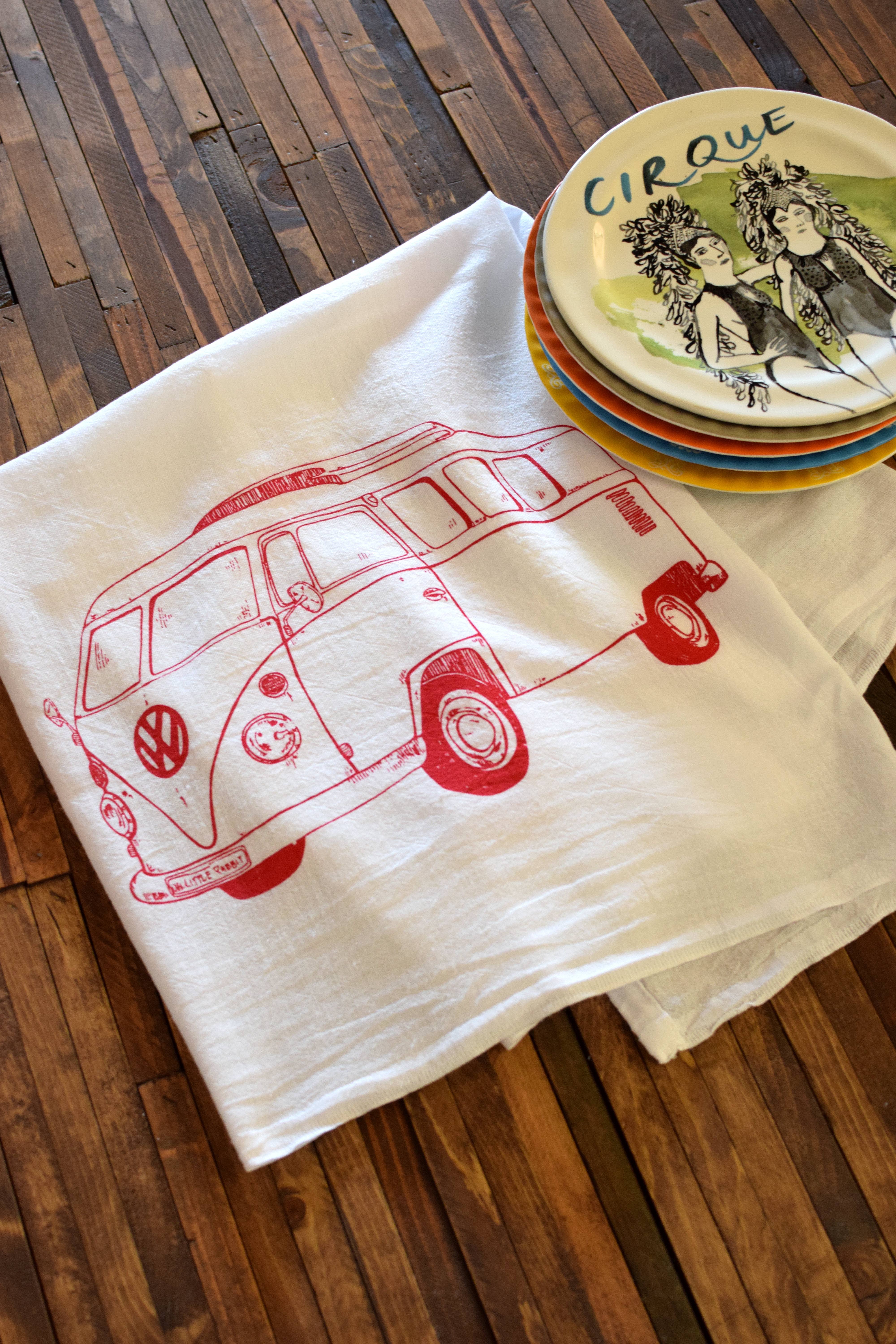 Red Ink VW Bus Tea Towel for wholesale on Faire0