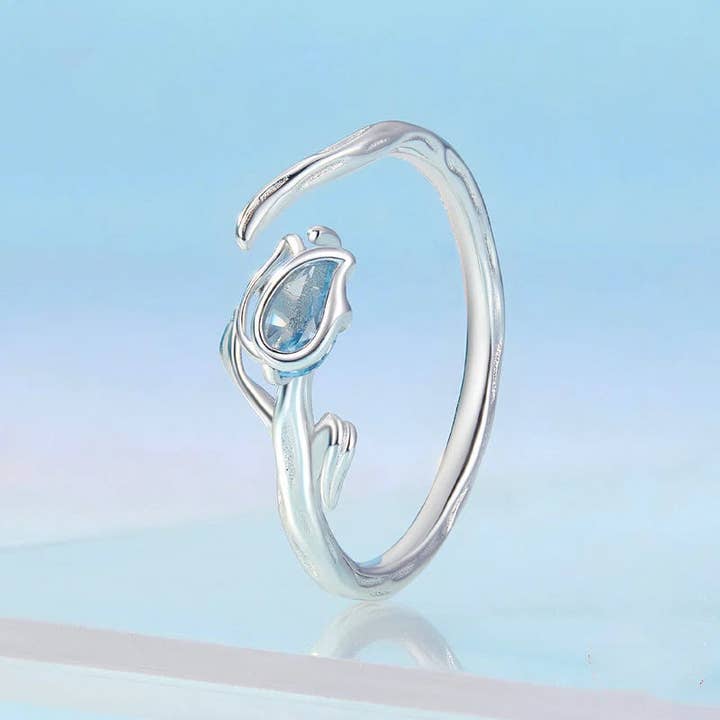 Spinel Blue Tulip Flower Bypass Ring in 925 Sterling Silver for wholesale by Perimade & Co. LLC