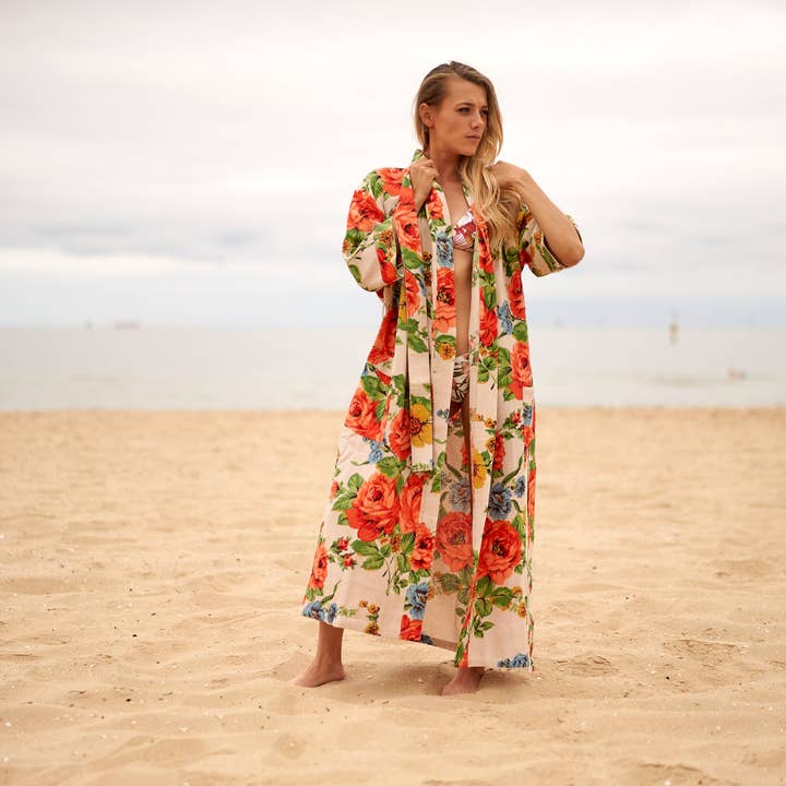 Linen Connections - Wholesale Robe - Women's - Cotton Kimono Bathrobe Frida Waffle Robes Cream Floral Print