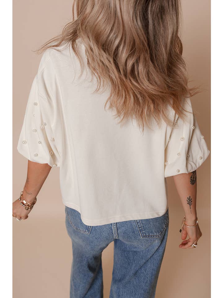 White LDC America EST 1776 Embroidered Pearl Beaded T Shirt for wholesale on Faire