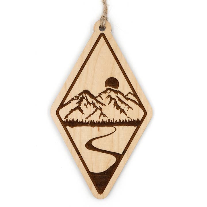 Mountains and River Wood Ornament for wholesale by Steamer Lane Design
