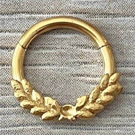 Gold Leaf Septum Ring (16G | 8mm | Surgical Steel | Gold, Rose Gold, or Silver) for wholesale by Elara Body Jewelry