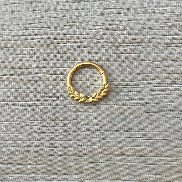 Gold Leaf Septum Ring (16G | 8mm | Surgical Steel | Gold, Rose Gold, or Silver) for wholesale by Elara Body Jewelry