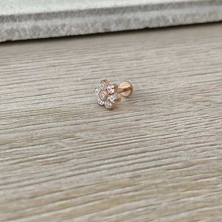 Elara Body Jewelry - Wholesale Stud/Post Earrings - Flat Back CZ Flower Stud Earring/Cartilage Piercing (16G | 6mm or 8mm | Surgical Steel | Gold or Rose Gold)6