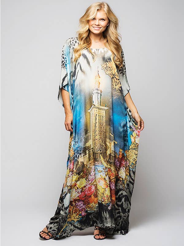 Lovely Lies - Wholesale Kaftan - Women's - Blue Printed Medallion Printed Long Caftan Cover up0