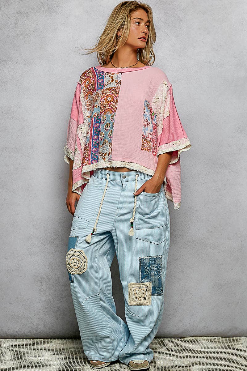 Pol Clothing - Wholesale Blouse - Women's - Round Neck Double Gauze Floral Woven Top24