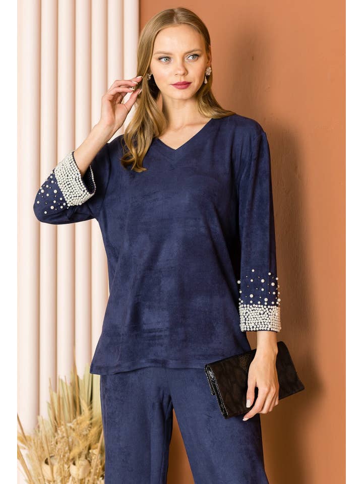 Joh Apparel - Wholesale Blouse - Women's - Alani Suede Top with Pearls