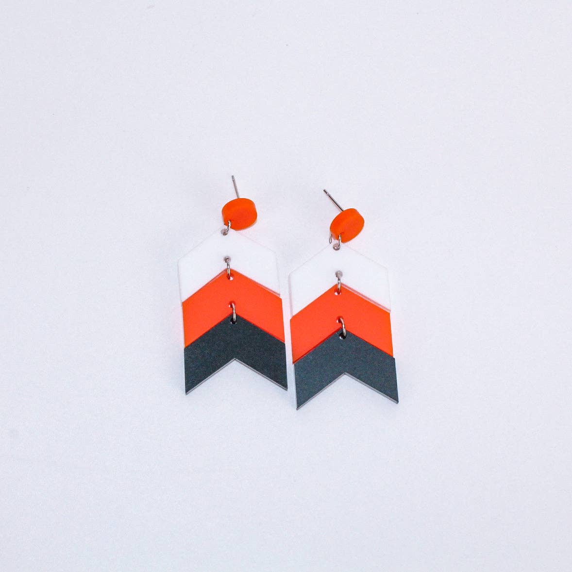 Mud & Honey - Wholesale Dangle Earrings - Chevron School Spirit Dangles - White/Orange/Black5