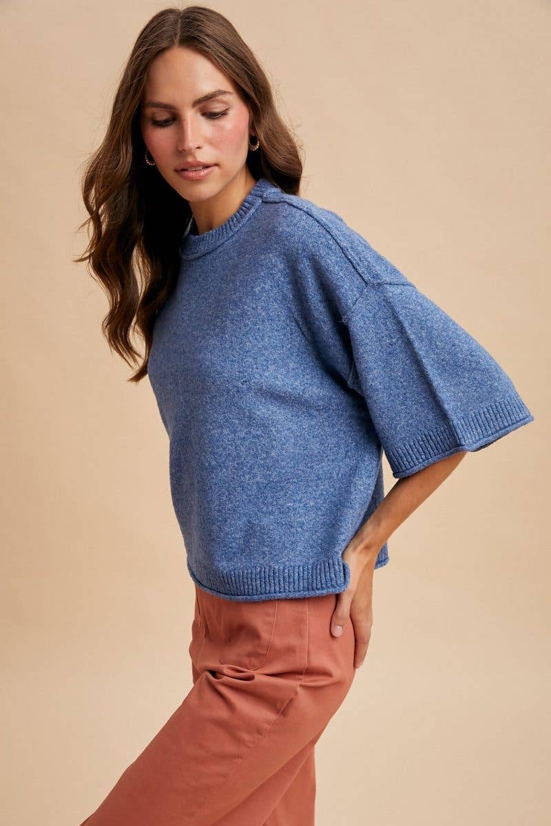 Vanilla Monkey - Wholesale Knit Sweater - Women's - Melange Loose Fit Crop Short Sleev Sweater Top2