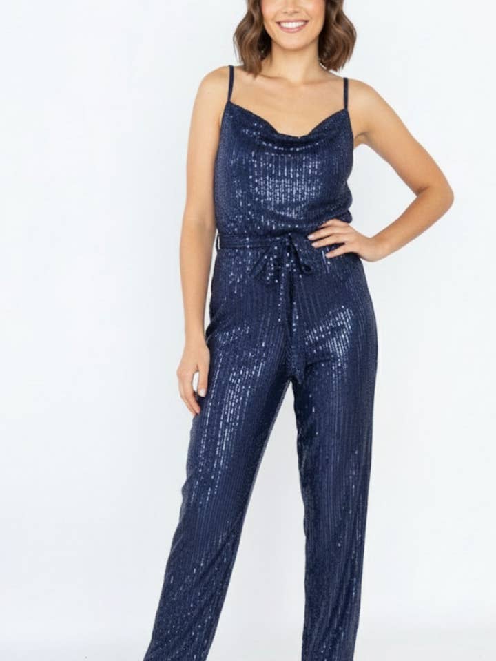 13230-blue sequin jumpsuit for wholesale by Lilie Rose